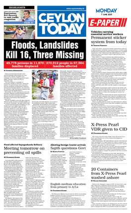 Floods, Landslides Kill 16, Three Missing