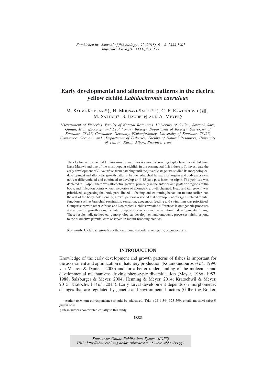 Early Developmental and Allometric Patterns in the Electric Yellow Cichlid Labidochromis Caeruleus