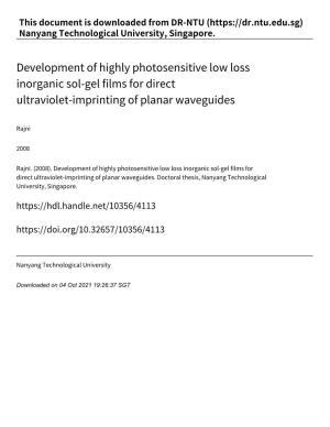 Development of Highly Photosensitive Low Loss Inorganic Sol‑Gel Films for Direct Ultraviolet‑Imprinting of Planar Waveguides
