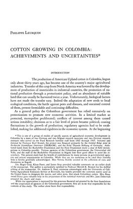 Cotton Growing in Colombia: Achievements and Uncertainties*