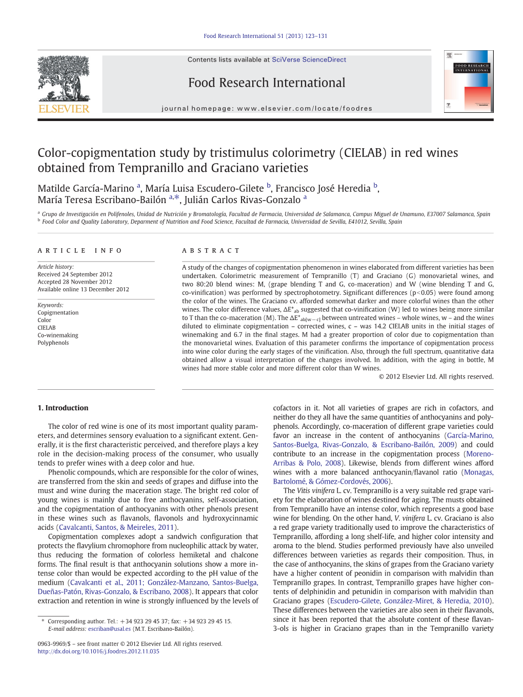 Color-Copigmentation Study by Tristimulus Colorimetry (CIELAB) in Red Wines Obtained from Tempranillo and Graciano Varieties