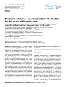 Distribution and Sources of Air Pollutants in the North China Plain Based on On-Road Mobile Measurements