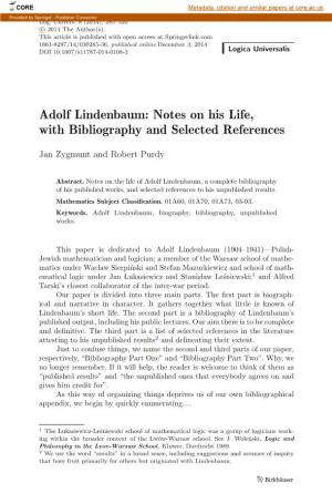 Adolf Lindenbaum: Notes on His Life, with Bibliography and Selected References