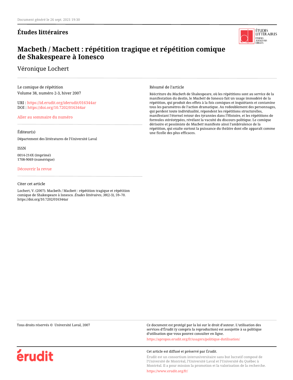 Macbeth / Macbett : Répétition Tragique Et Répétition Comique De Shakespeare À Ionesco Véronique Lochert