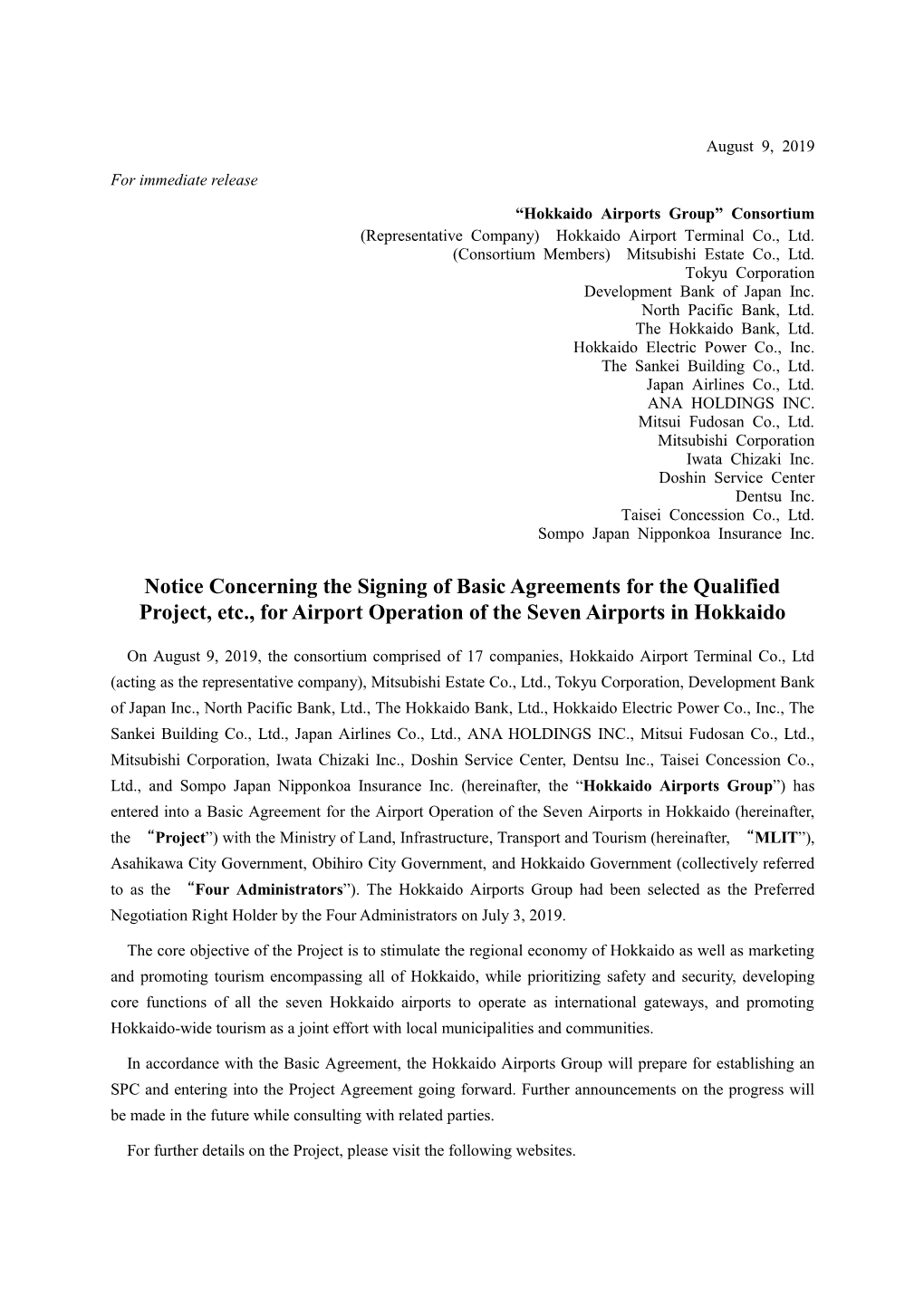 Notice Concerning the Signing of Basic Agreements for the Qualified Project, Etc., for Airport Operation of the Seven Airports in Hokkaido