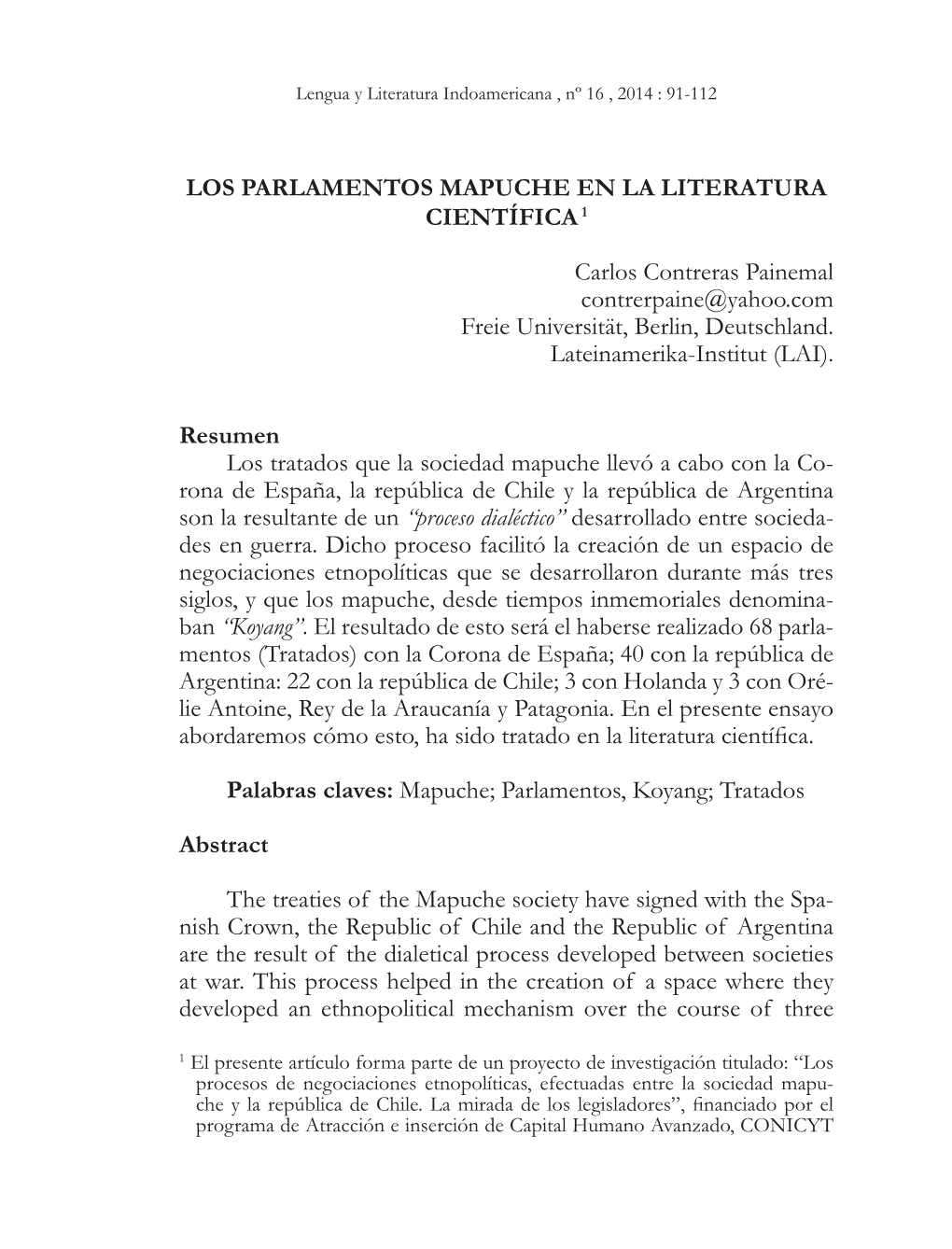 Los Parlamentos Mapuche En La Literatura Científica1
