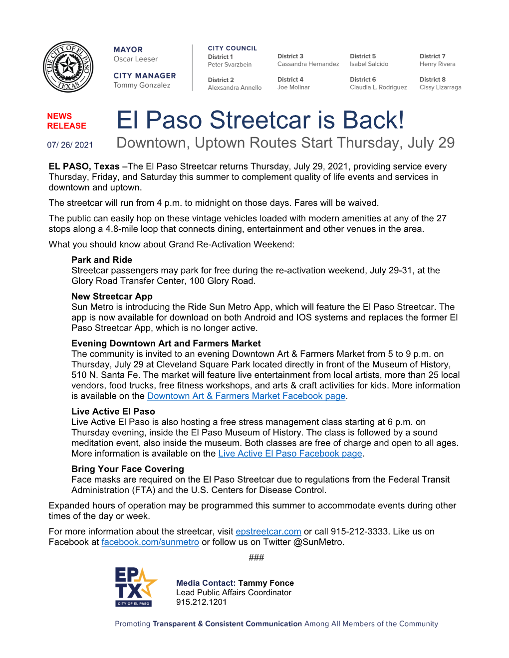 2021.07.26 NEWS RELEASE El Paso Streetcar Is Back