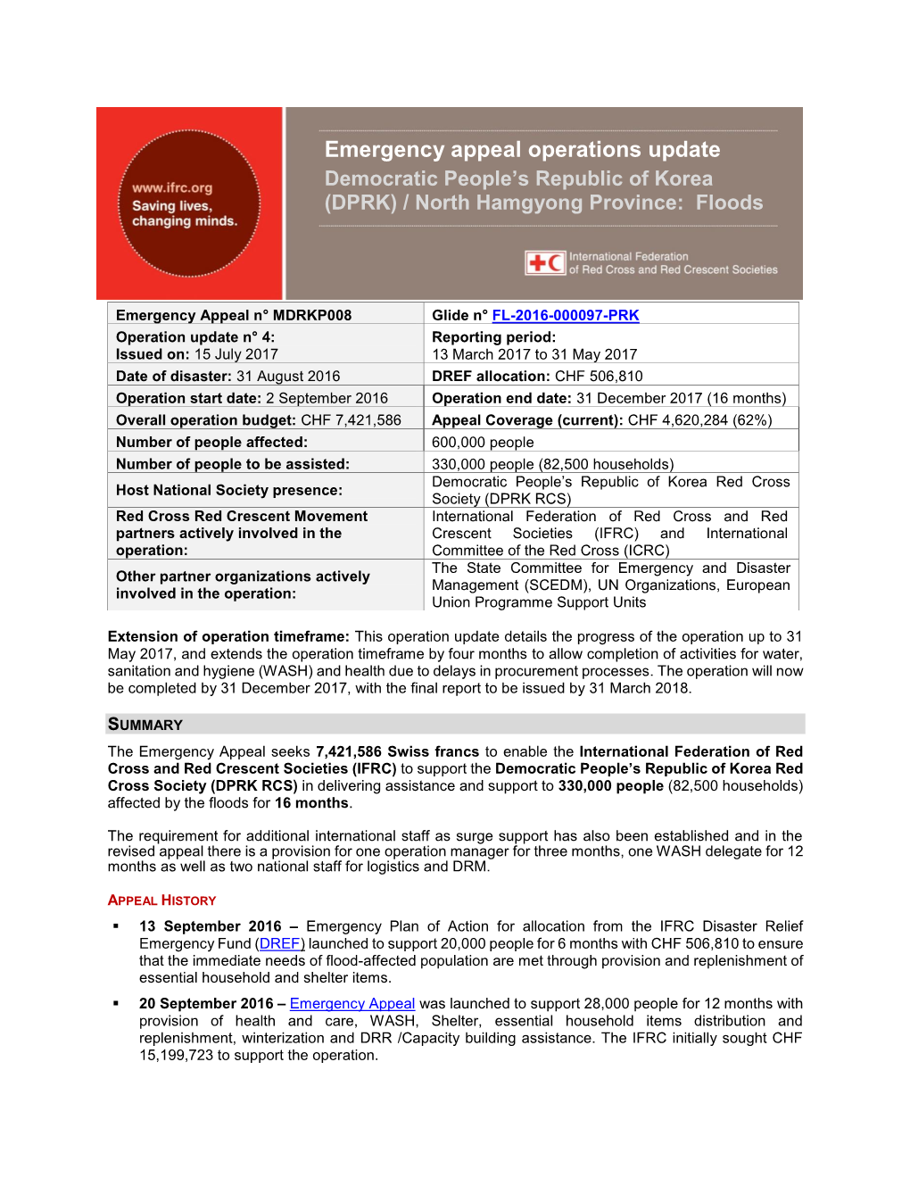 Emergency Appeal Operations Update Democratic People’S Republic of Korea (DPRK) / North Hamgyong Province: Floods