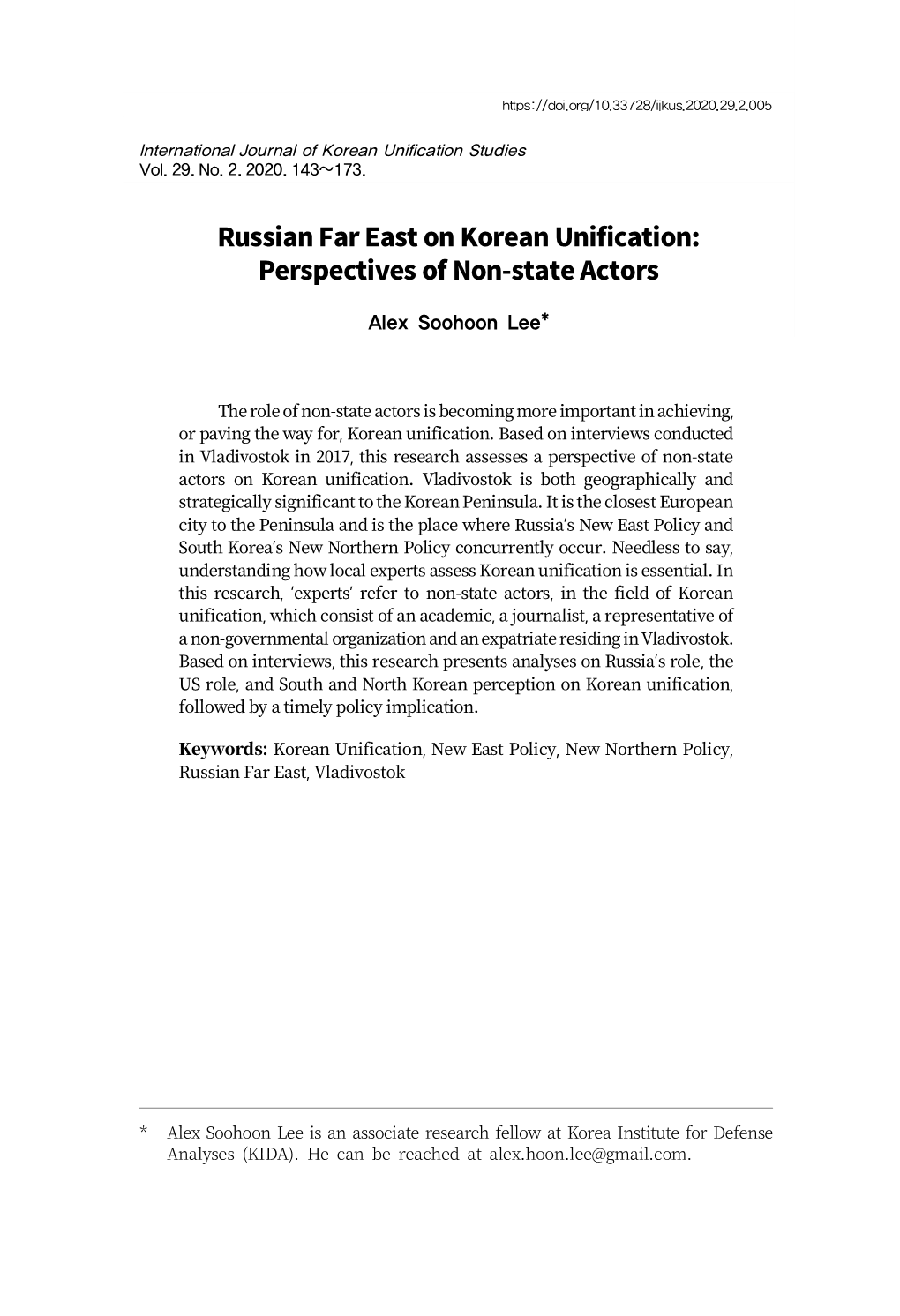 Russian Far East on Korean Unification: Perspectives of Non-State Actors