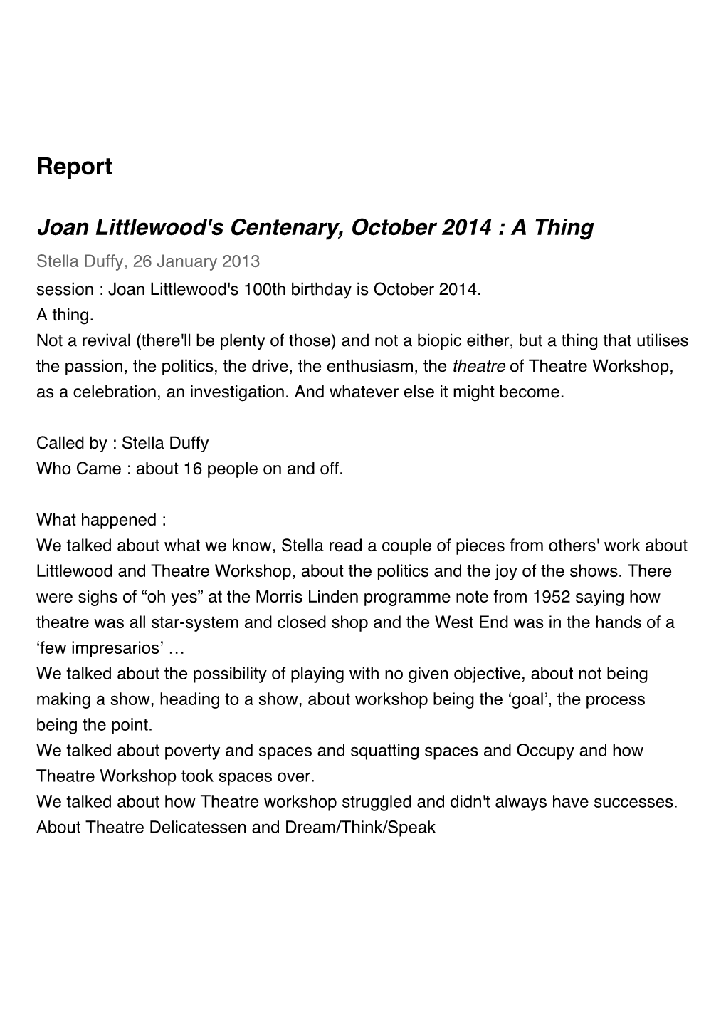 Report Joan Littlewood's Centenary, October 2014