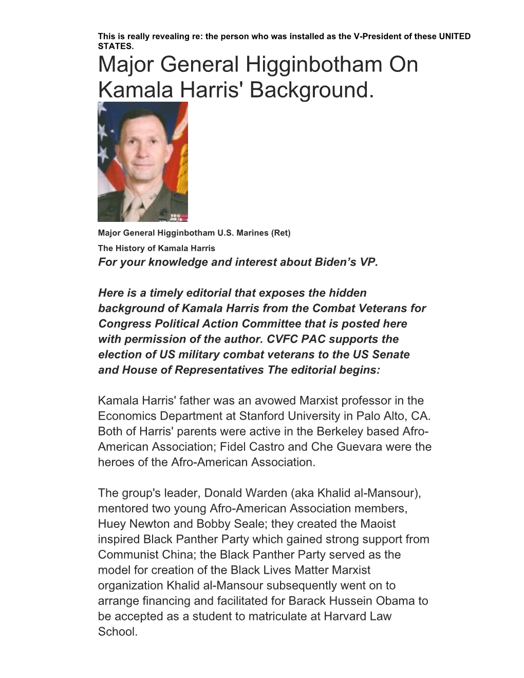 Major General Higginbotham on Kamala Harris' Background - DocsLib