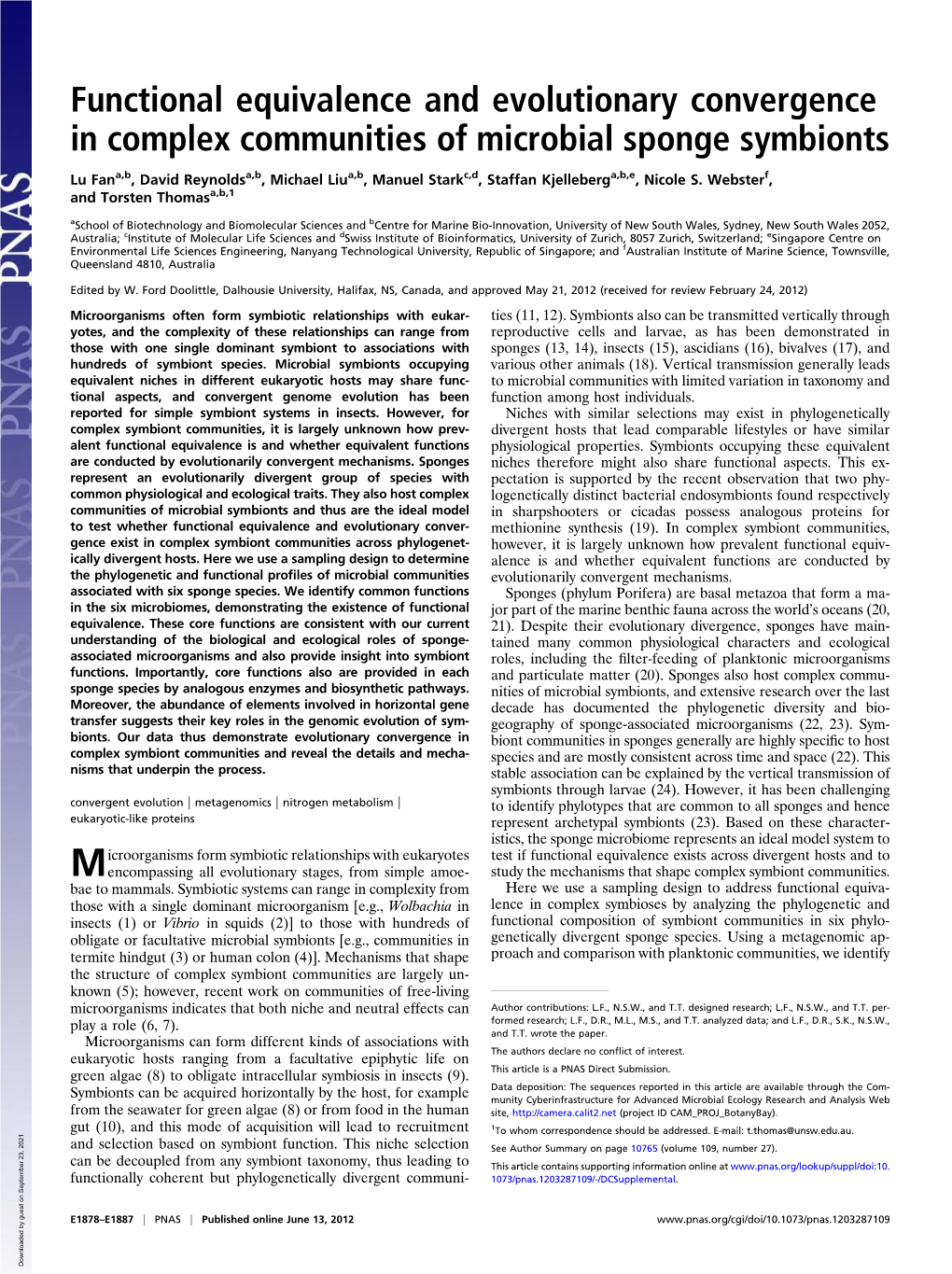 Functional Equivalence and Evolutionary Convergence in Complex Communities of Microbial Sponge Symbionts