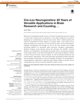 Cre-Lox Neurogenetics: 20 Years of Versatile Applications in Brain Research and Counting