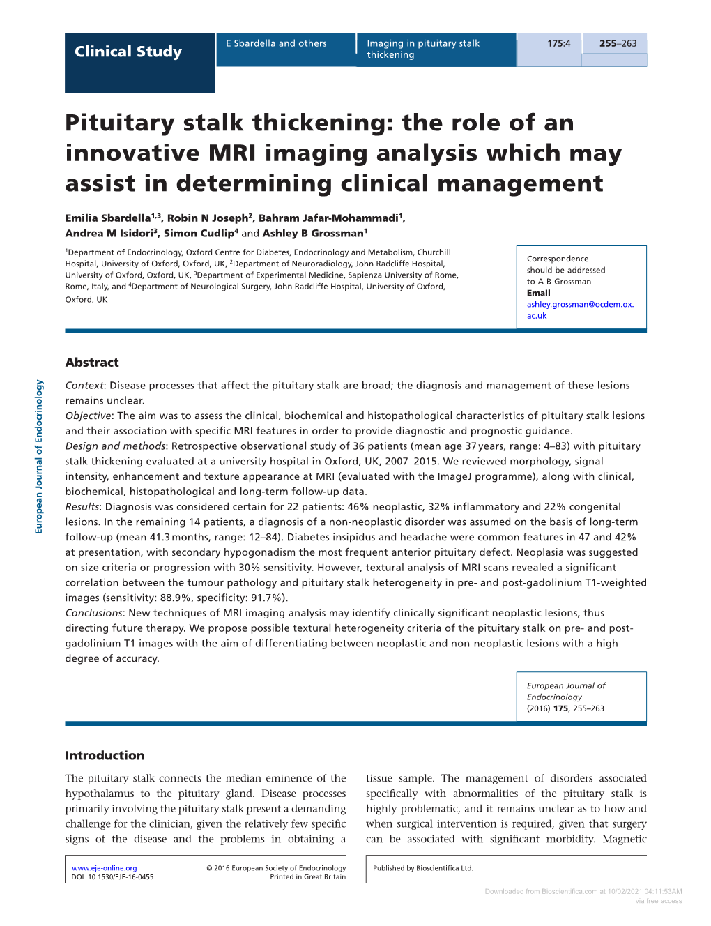 Pituitary Stalk Thickening Evaluated at a Although the Patients Were Submitted to Different Large Referral Centre Over the Last Decade