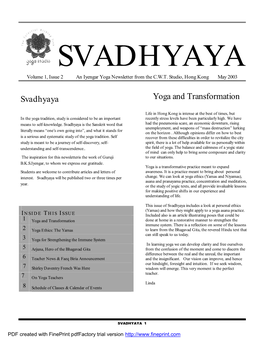 SVADHYAYA Volume 1, Issue 2 an Iyengar Yoga Newsletter from the C.W.T