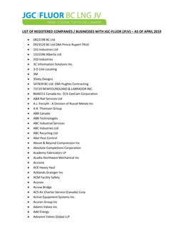 List of Registered Companies / Businesses with Jgc-Fluor (Jfjv) – As of April 2019