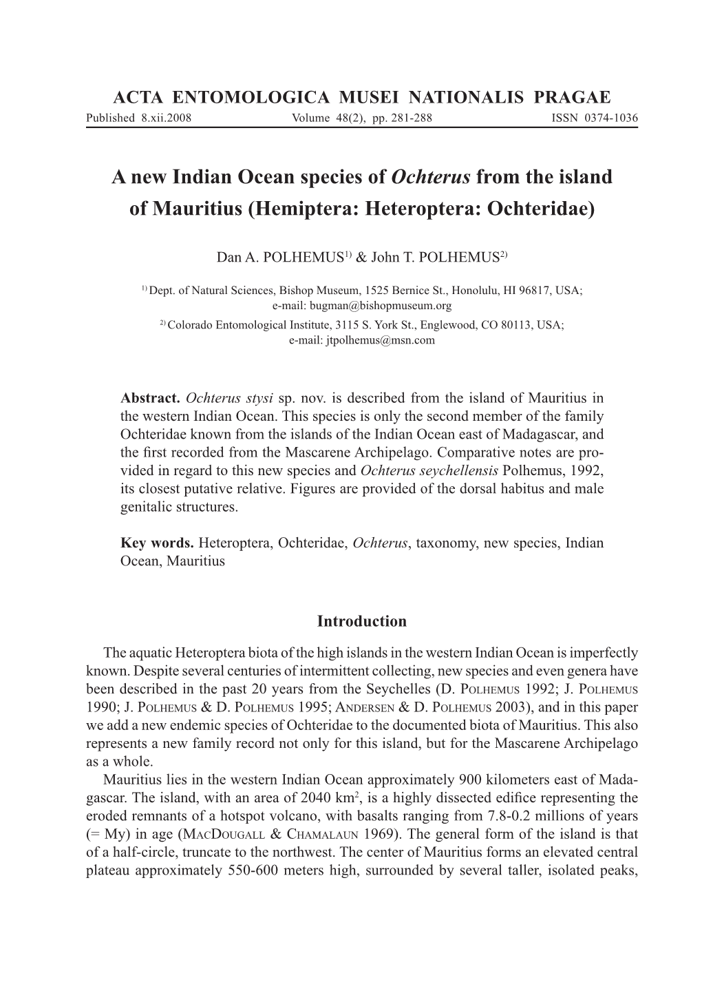 A New Indian Ocean Species of Ochterus from the Island of Mauritius (Hemiptera: Heteroptera: Ochteridae)