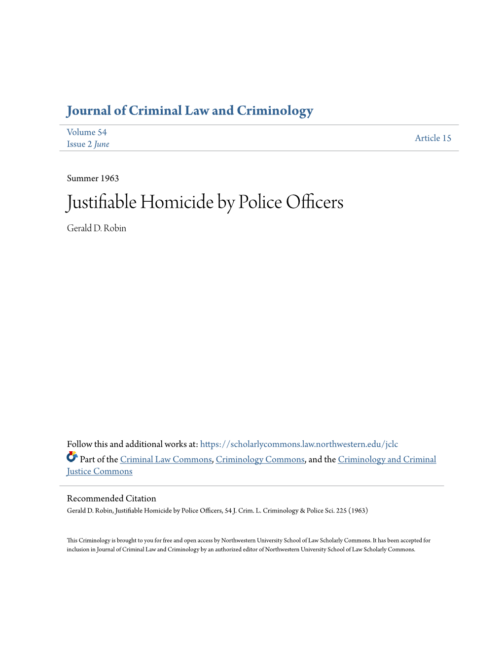 Justifiable Homicide by Police Officers Gerald D