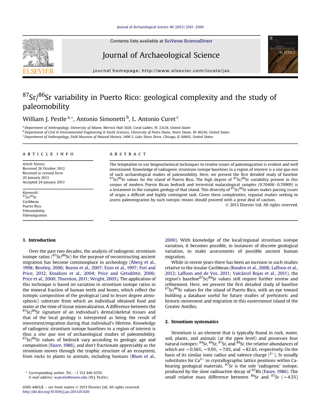 87Sr/86Sr Variability in Puerto Rico: Geological Complexity and the Study of Paleomobility