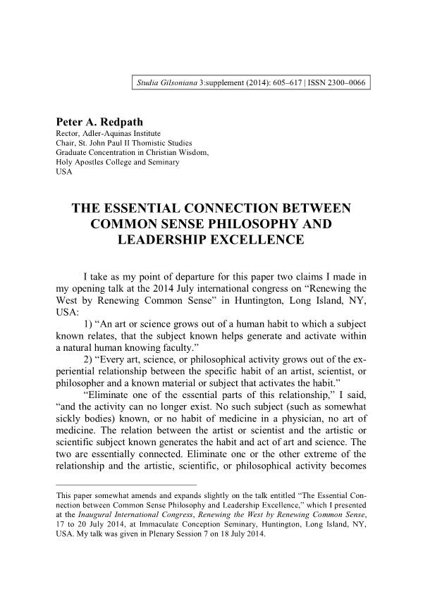 The Essential Connection Between Common Sense Philosophy And