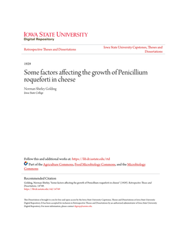 Some Factors Affecting the Growth of Penicillium Roqueforti in Cheese Norman Shirley Golding Iowa State College