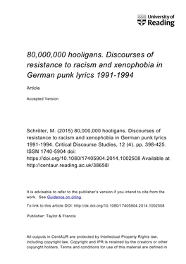 80,000,000 Hooligans. Discourses of Resistance to Racism and Xenophobia in German Punk Lyrics 19911994
