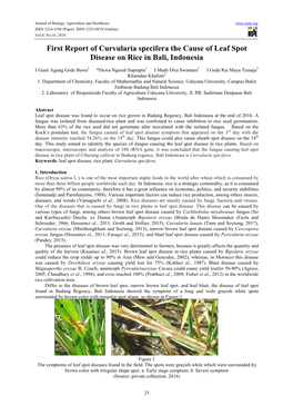 First Report of Curvularia Specifera the Cause of Leaf Spot Disease on Rice in Bali, Indonesia