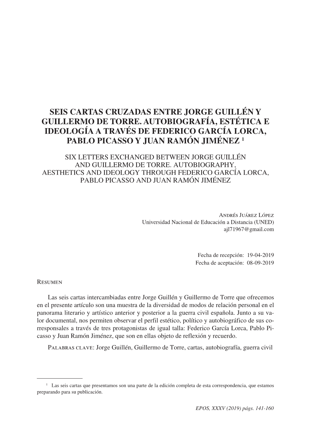 Seis Cartas Cruzadas Entre Jorge Guillén Y Guillermo De Torre