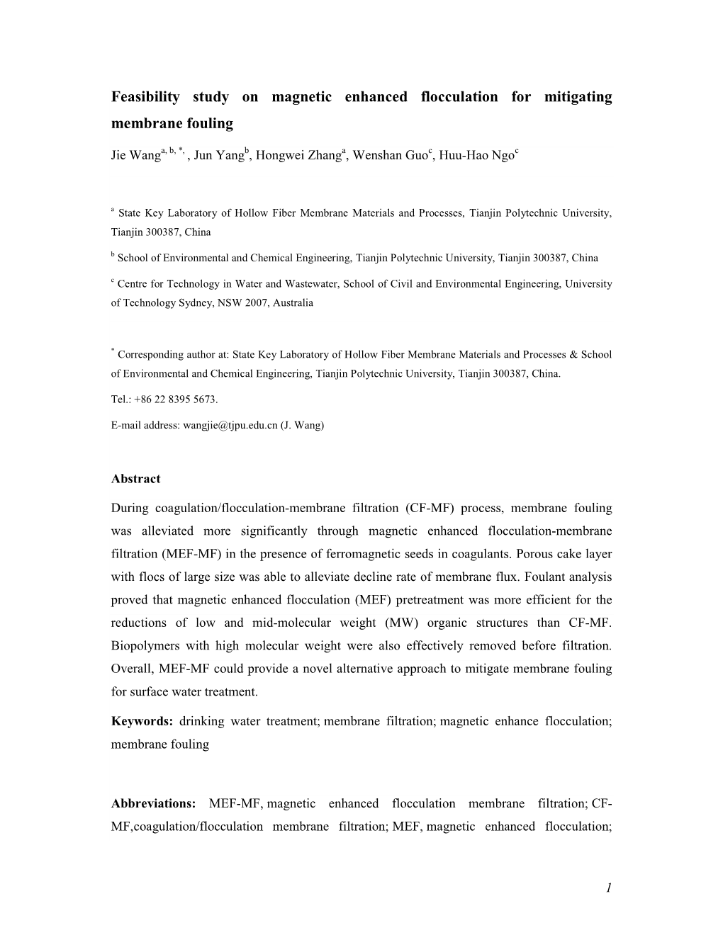 Feasibility Study on Magnetic Enhanced Flocculation for Mitigating Membrane Fouling