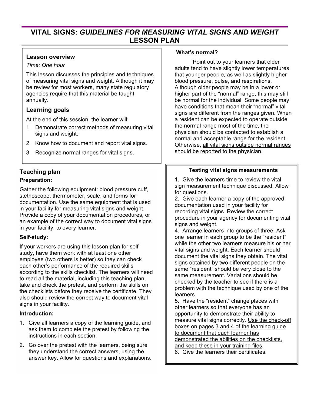 Vital Signs: Guidelines for Measuring Vital Signs and Weight Lesson Plan