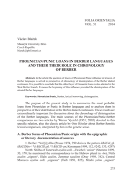 Phoenician/Punic Loans in Berber Languages and Their Their Role in Chronology of Berber