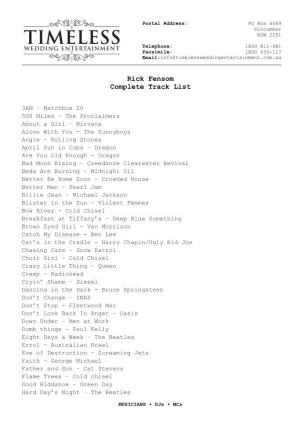 Rick Fensom Complete Track List