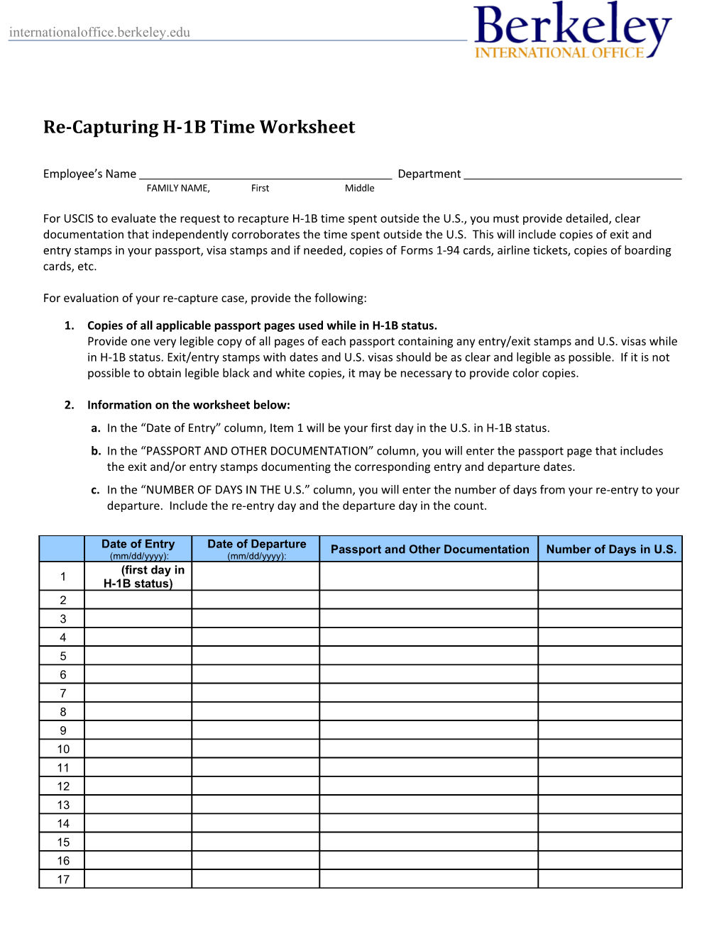 Re-Capturing H-1B Time Worksheet Employee S Name Department