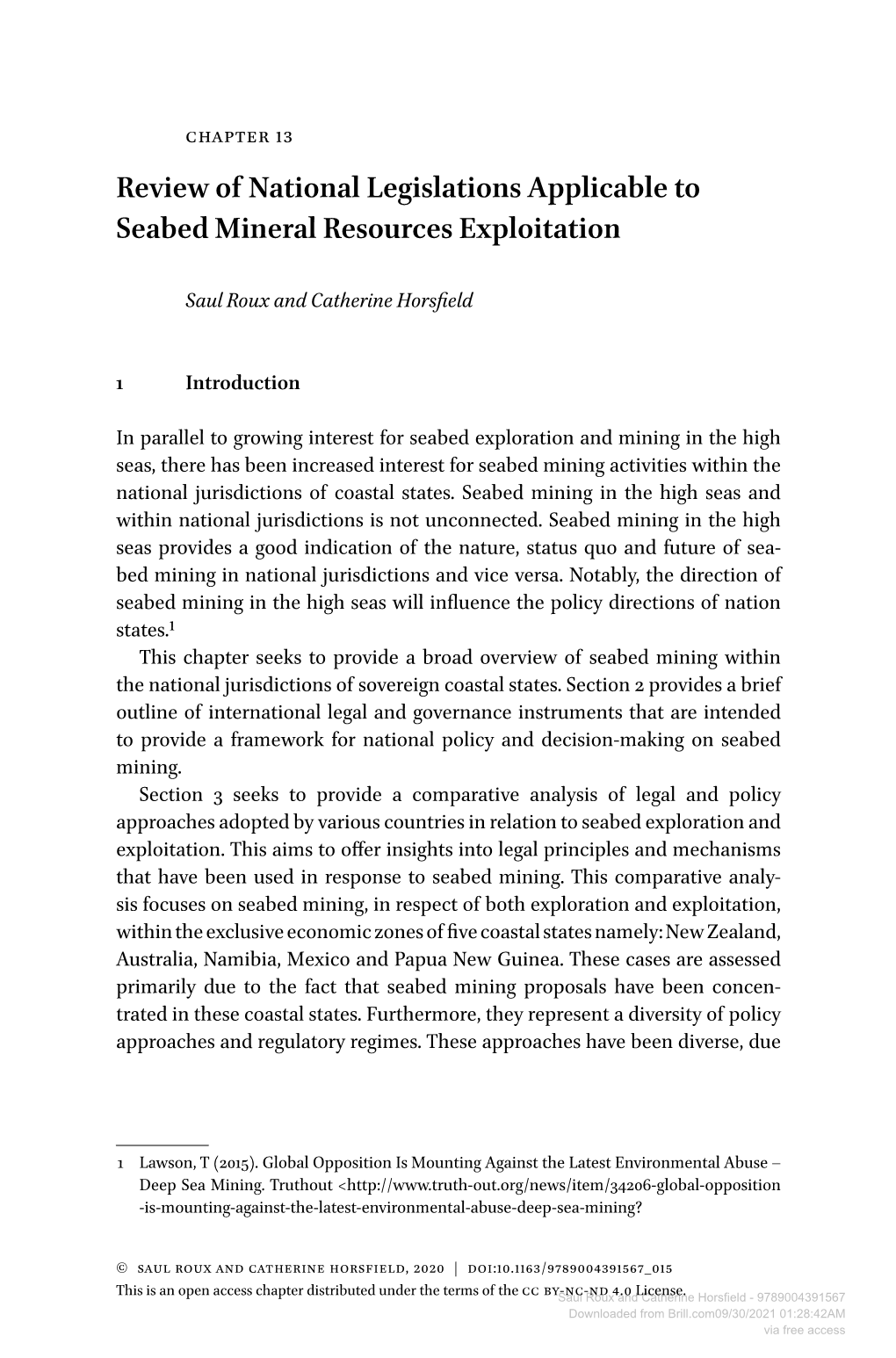 Review of National Legislations Applicable to Seabed Mineral Resources Exploitation