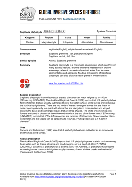 FULL ACCOUNT FOR: Sagittaria Platyphylla Global Invasive Species Database (GISD) 2021. Species Profile Sagittaria Platyphylla. A