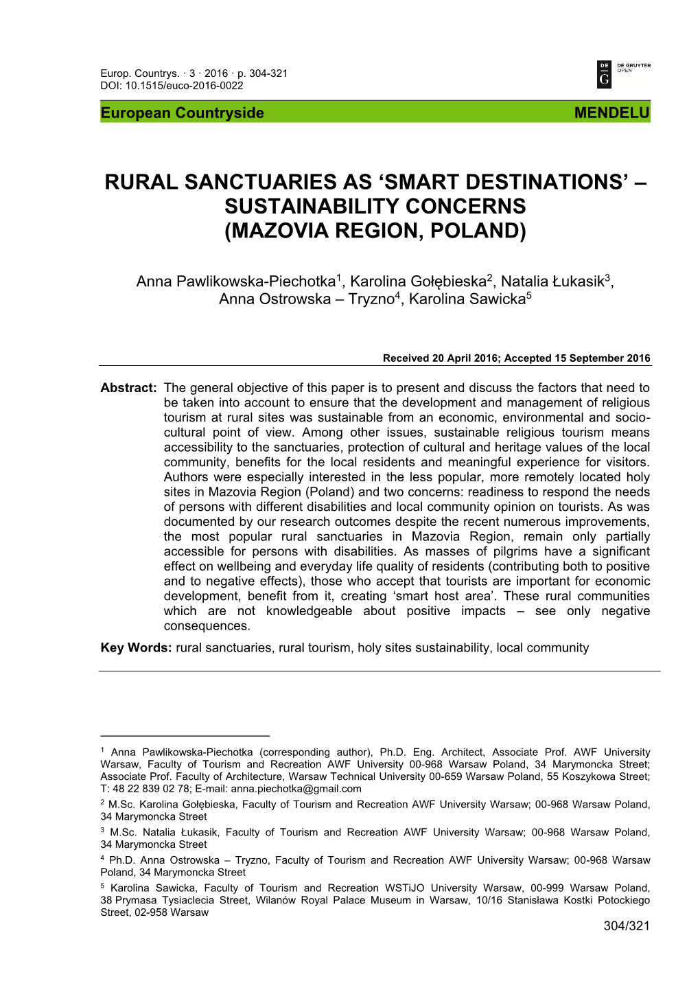 Rural Sanctuaries As ‘Smart Destinations’ – Sustainability Concerns (Mazovia Region, Poland)