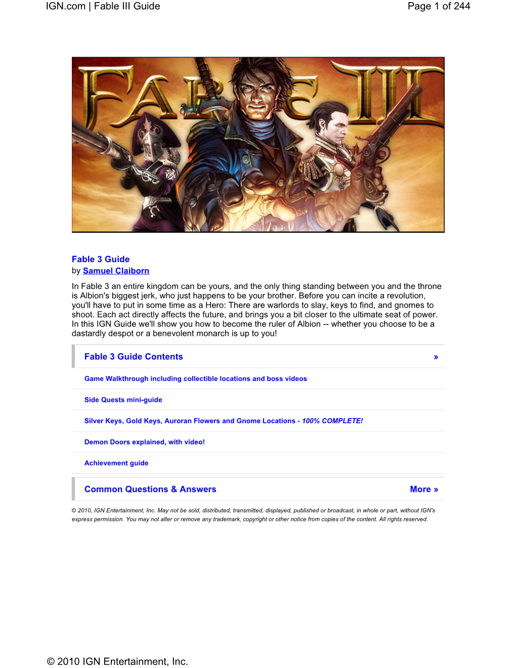 Page 1 of 244 IGN.Com | Fable III Guide © 2010 IGN Entertainment, Inc