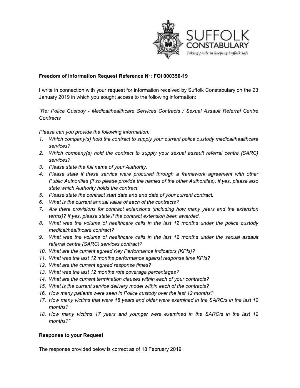 Freedom of Information Request Reference No: FOI 000356-19 I Write in Connection with Your Request for Information Received by S