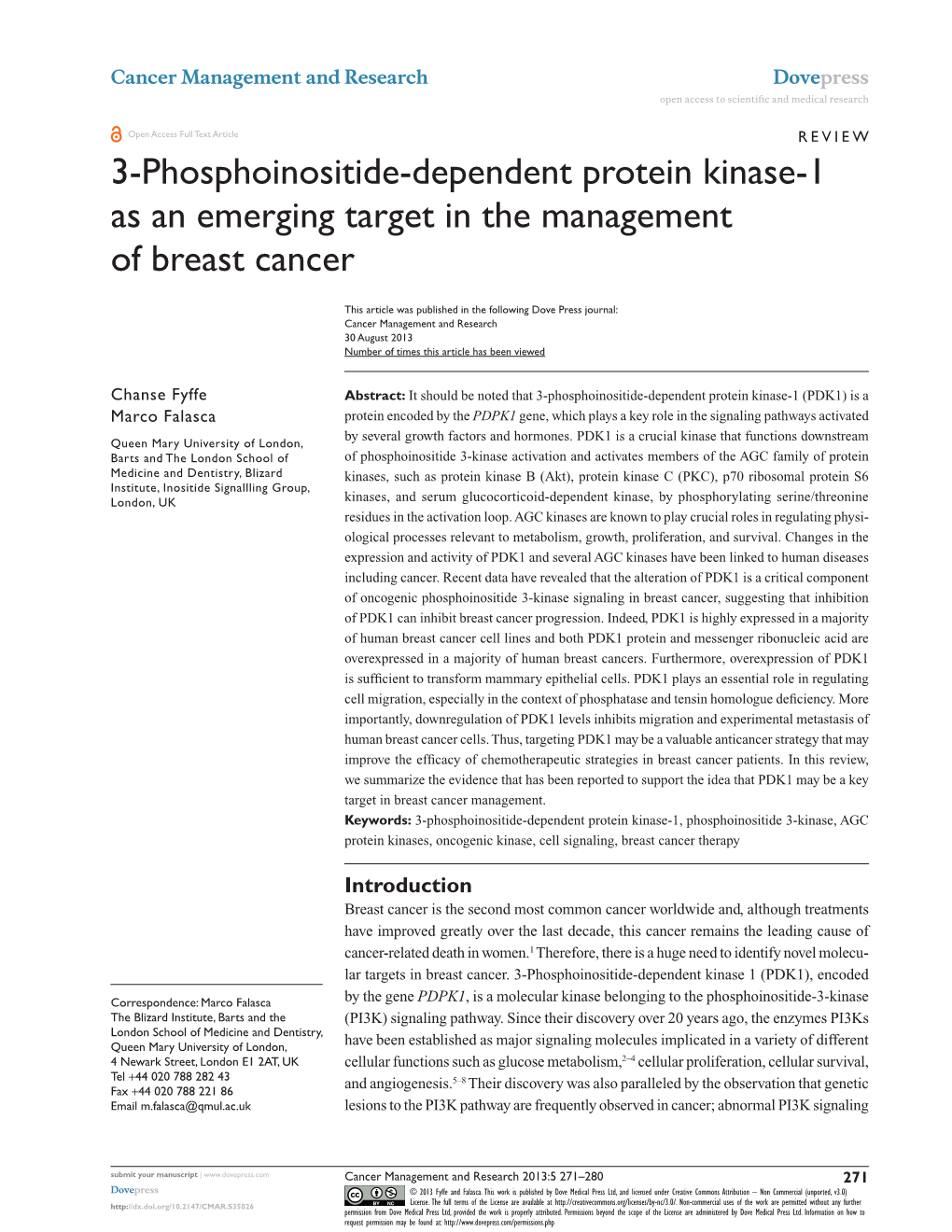 3-Phosphoinositide-Dependent Protein Kinase-1 As an Emerging Target in the Management of Breast Cancer