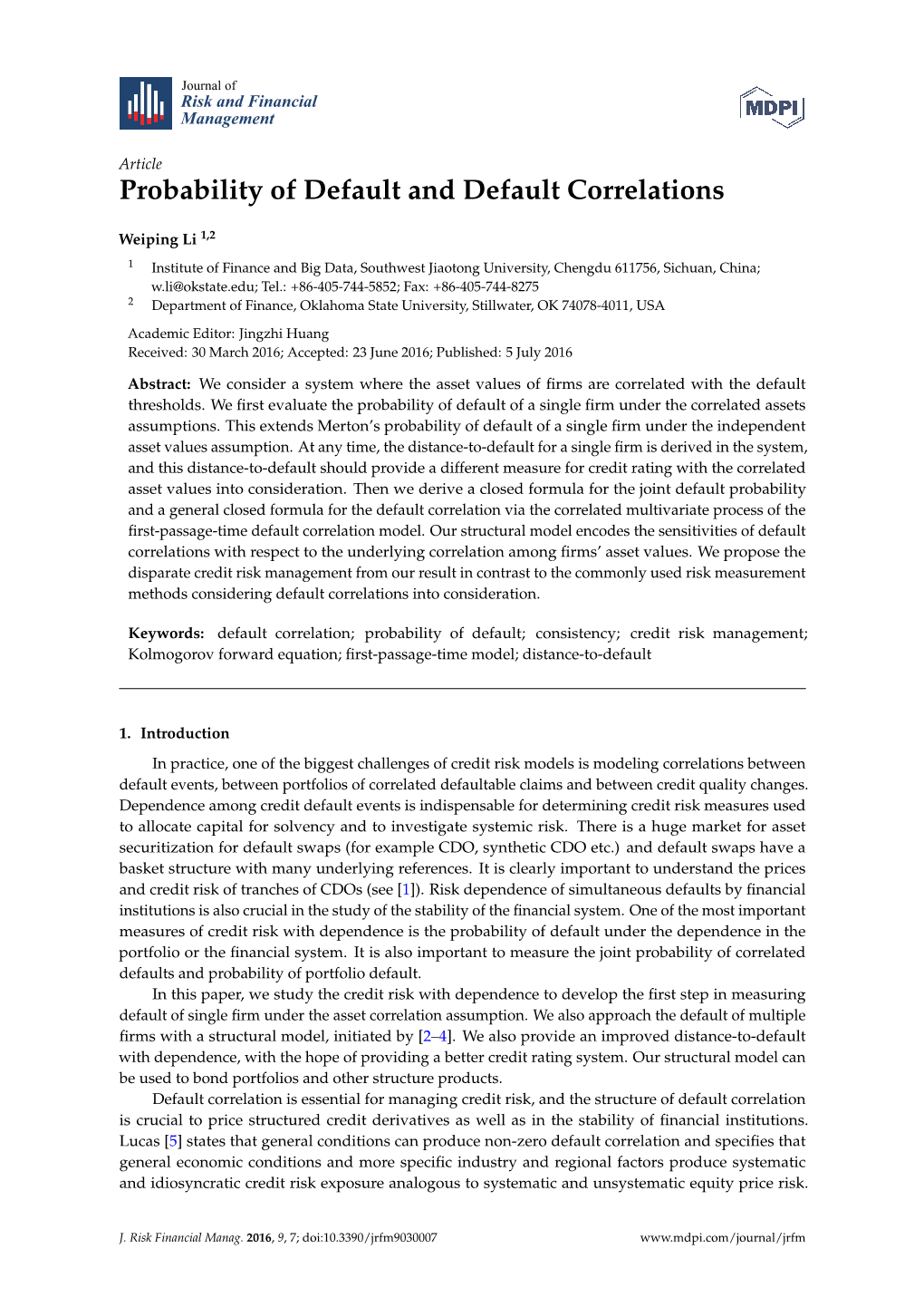 Probability of Default and Default Correlations