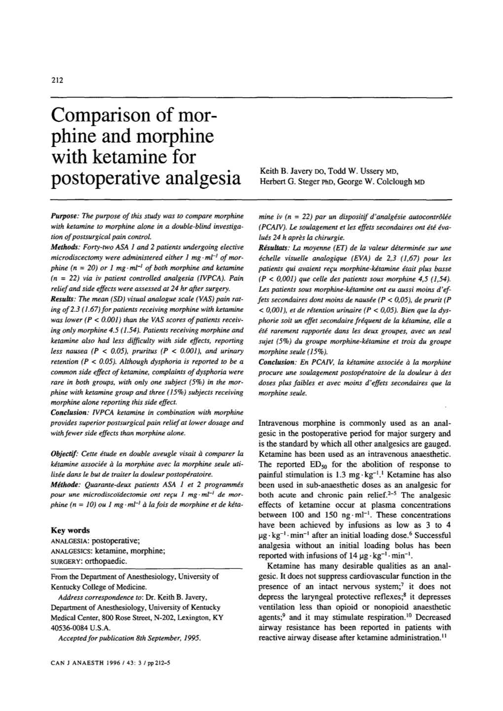 Comparison of Morphine and Morphine with Ketamine For