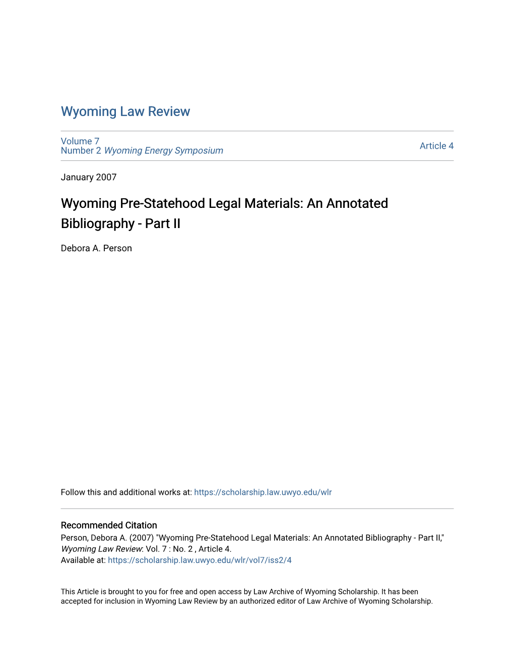 Wyoming Pre-Statehood Legal Materials: an Annotated Bibliography - Part II