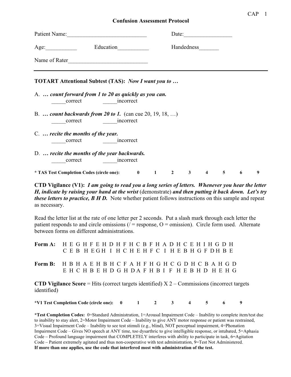 CAP 1 Confusion Assessment Protocol Patient Name