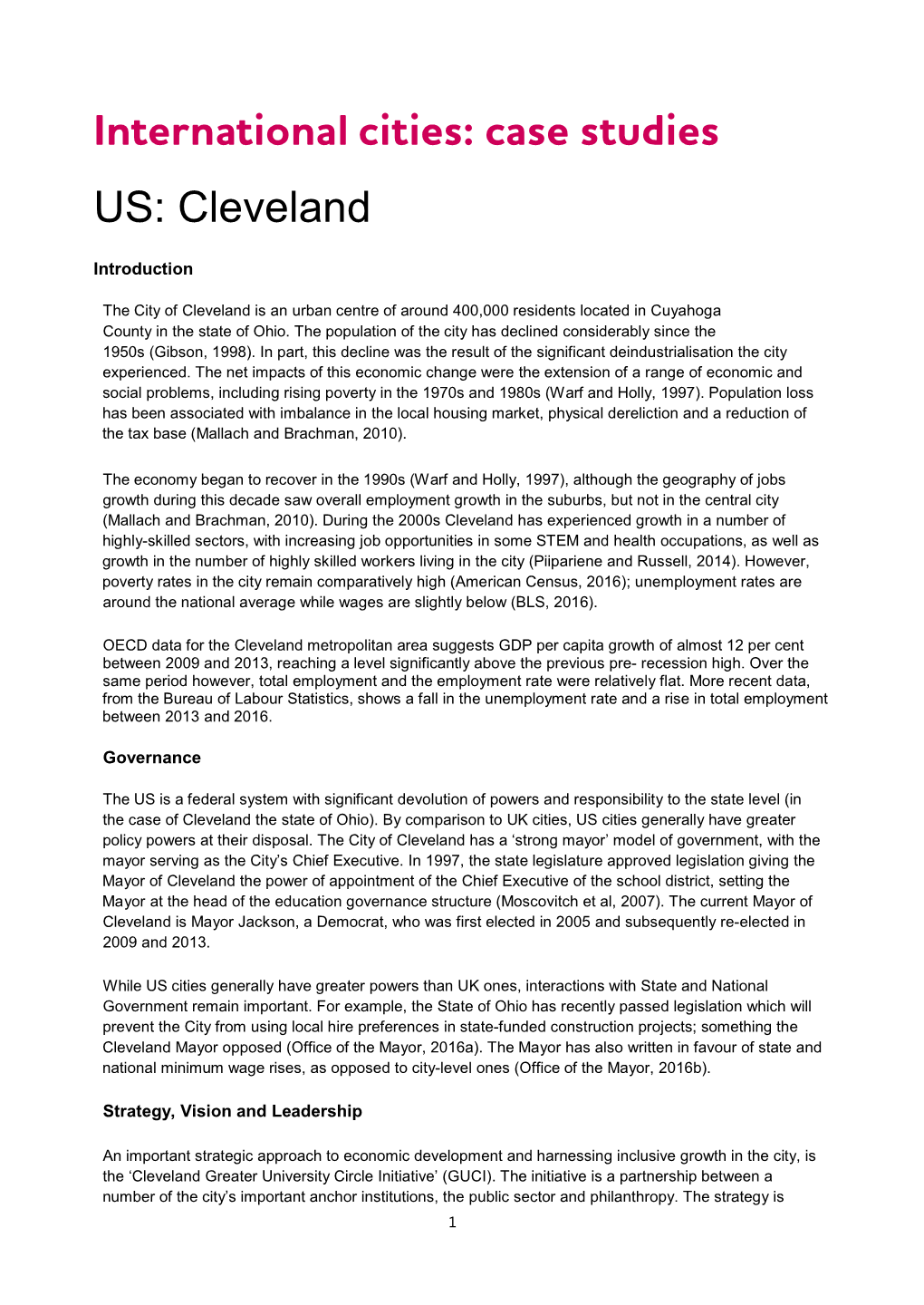 International Cities: Case Studies US: Cleveland