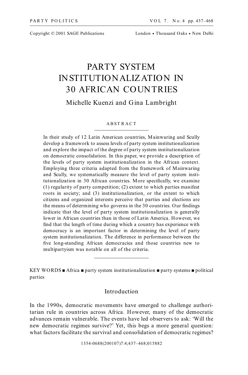 PARTY SYSTEM INSTITUTIONALIZATION in 30 AFRICAN COUNTRIES Michelle Kuenzi and Gina Lambright