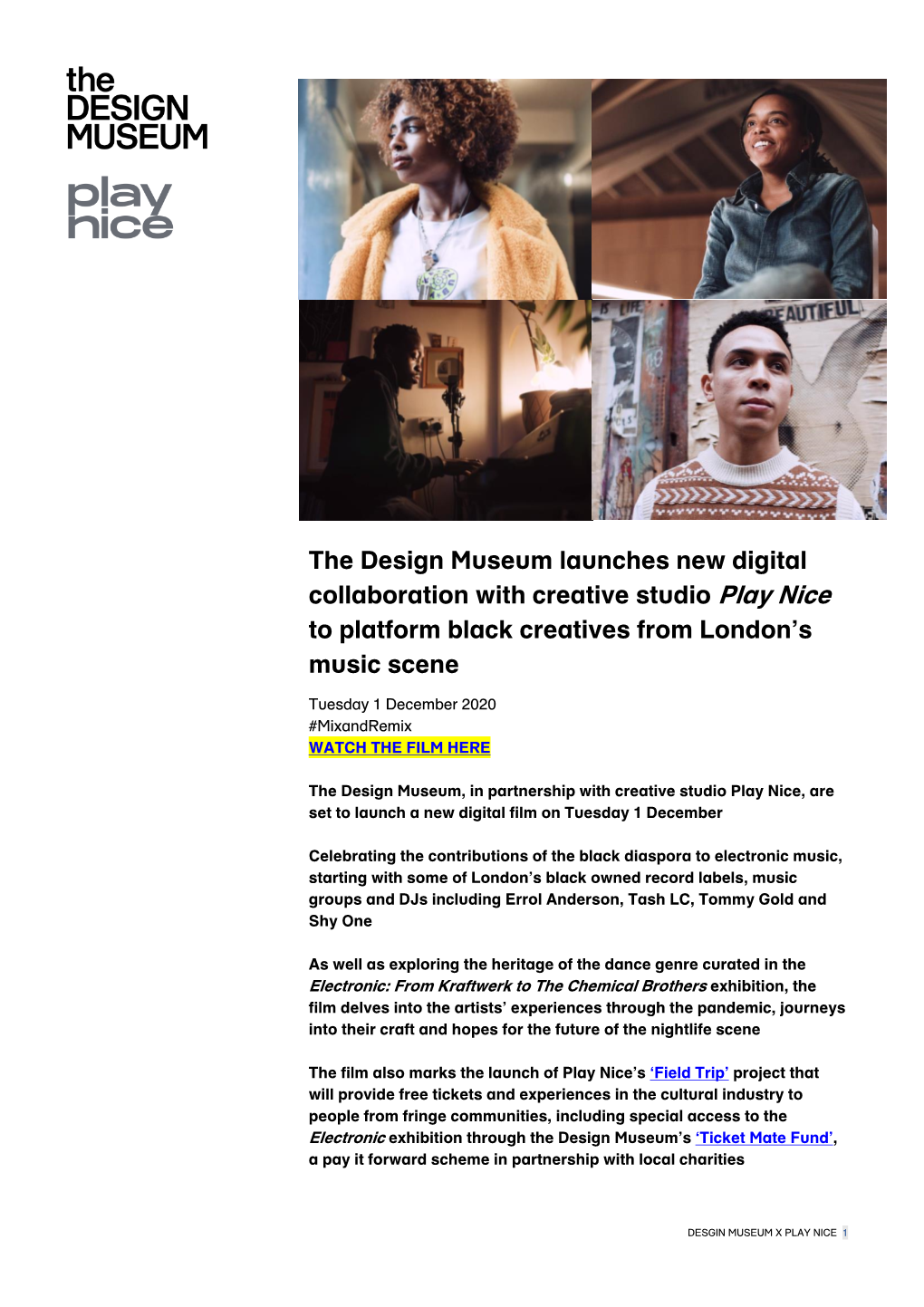 The Design Museum Launches New Digital Collaboration with Creative Studio Play Nice to Platform Black Creatives from London’S Music Scene