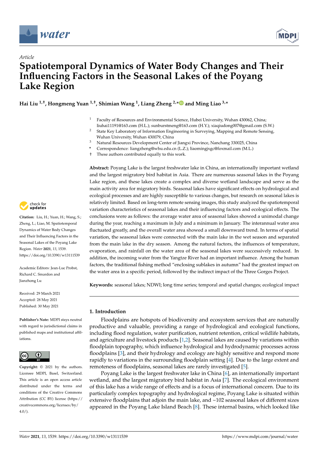 Spatiotemporal Dynamics of Water Body Changes and Their Inﬂuencing Factors in the Seasonal Lakes of the Poyang Lake Region