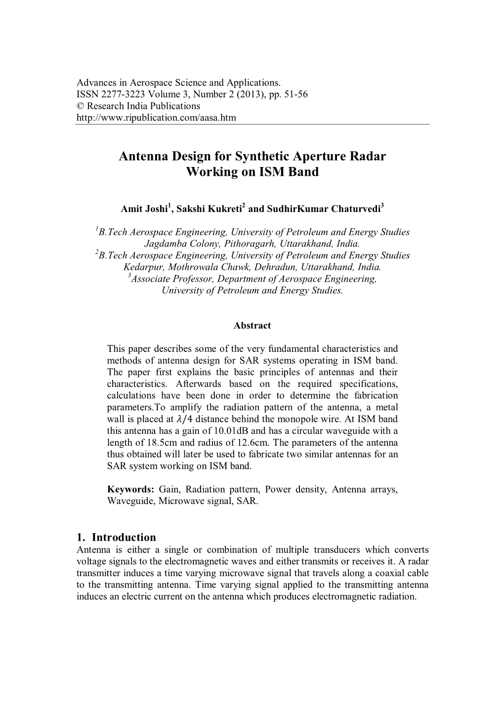 Antenna Design for Synthetic Aperture Radar Working on ISM Band