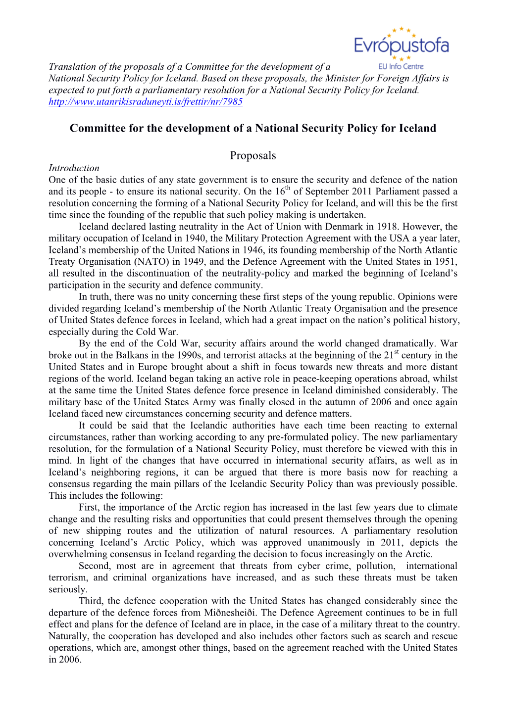 Committee for the Development of a National Security Policy for Iceland