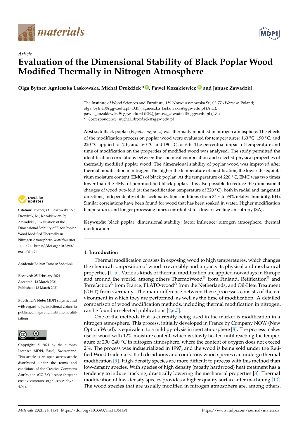 Evaluation of the Dimensional Stability of Black Poplar Wood Modified